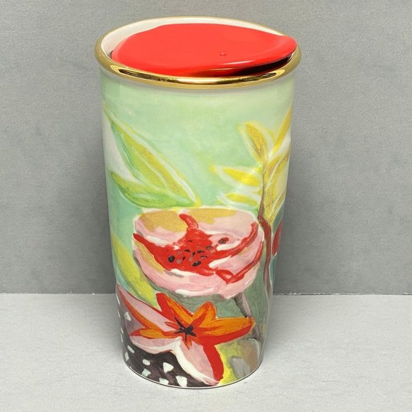 Starbucks 2014 Watercolor Floral 10 oz Ceramic Traveler Tumbler Mug Red Lid - Picture 1 of 12